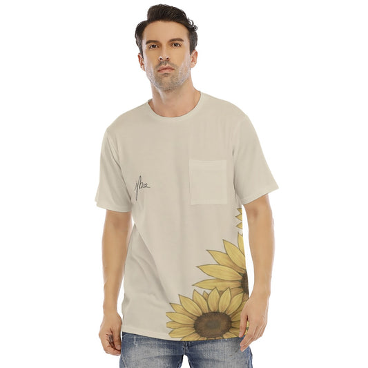 All-Over Print Men's Short Sleeve T-shirt with Chest Pocket - Sunflower Signature Collection by Juli